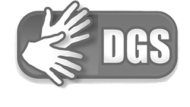 Symbol für Deutsche Gebärdensprache. Zwei Hände, die schräg nach oben und unten gerichtet sind, daneben in Großbuchstaben DGS als Abkürzung für Deutsche Gebärdensprache. Das Logo ist in Grau und Weiß gehalten.