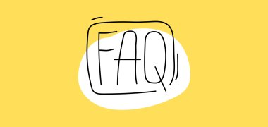 FAQ in einem schwarzen  Rahmen auf weißen und gelben Untergrund.