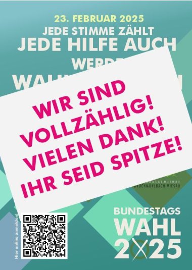 Wahlhelferplakat mit der Meldung "Wir sind vollzählig"