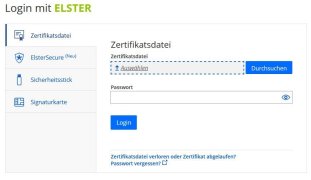 Login mit ELSTER-Fenster. Möglichkeiten: Zertifikatsdatei, ElsterSecure (Neu), Signaturkarte, Zertifikatsdatei. Die Optionen, eine Datei auszuwählen oder zu Durchsuchen. Weitere Hinweise: Zertifikatsdatei verloren oder Zertifikat abgelaufen? Passwort vergessen?