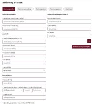 Eingabeformular für E-Rechnungen mit den Kategorien: Rechnungssteller, Rechnungsempfänger, Rechnungsdaten, Rechnungsposten und Abschluss. Für den Rechnungssteller stehen die Formularfelder für Anschrift, Unternehmensdaten, Kontaktdaten, Telefonnummer, Bankverbindung und die Umsatzsteuer-ID zur Verfügung.