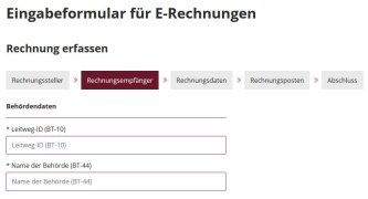 Eingabeformular für E-Rechnungen für den Rechnungsempfänger. Zwei Felder mit: Leitweg-IO (BT-10) und Name der Behörde (BT-44)