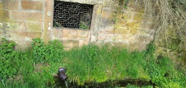 Zu sehen ist eine Sandsteinmauer mit eingelassenen verziehrten Gitter. Vor der Mauer befindet sich eine Wiese mit einem Rohr aus dem Wasser in eine Rinnsal fließt.